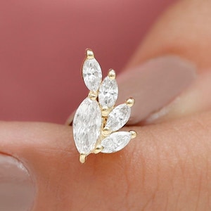 14K Solid Gold Helix Cartilage Piercing Diamond Stud, Dainty Olive Leaf Post Studs Ear Climber, Leaf Cramler Branches Climber Earrings,