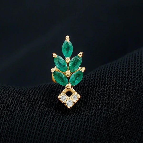 Orecchino a lobo in oro massiccio 14 carati con foglia di smeraldo verde a taglio marquise, vero smeraldo e diamanti, gioiello per piercing al lobo, chiusura a vite per il trago.