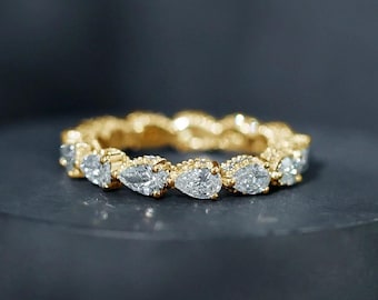 Anello eternity con diamante sintetico a forma di pera, fede eternity con diamante a forma di pera East West in oro massiccio 14 carati, fede impilabile abbinata, anello per anniversario