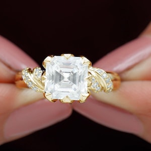 8MM Victorian Asscher Cut Moissanite Engagement Ring in Petal Prong Setting, Asscher Cut Solitaire Ring Accents Unique & Heavy Wedding Ring