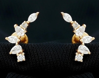 Pendientes trepadores únicos con diamantes cultivados en laboratorio para piercing en el hélix, con diamantes talla marquesa y pera, brillantes y con parte trasera plana.