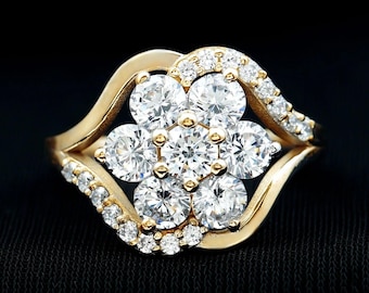 Round Cut Moissanite Cluster Halo Engagement Ring, Sunflower Cluster Diamond ring, Gorgeous Flower Cluster Anniversary Ring for Women Wife.