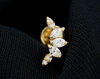 14k massief gouden olijfblad oorbel voor kraakbeenpiercing, marquise en ronde labdiamant blad oorbel, oorbel met schroefsluiting voor binnenste conch piercing