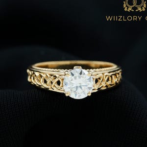 Moissanite Celtic Engagement Ring for Women 14k Solid Yellow Gold Irish Knot Promise Ring Woven Welsh Thistle Ring Twisted Irish Ring