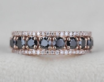 Moissanite Black Diamond 14K Gold Stacking Ring Anniversary Wedding Band Black and White Round Cut Diamond Band Minimalist Ring Simple Ring