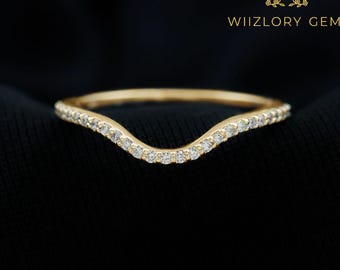 Dainty Gold Moissanite Wedding Band Curved Chevron Ring Sustainable Wedding Band for Women Minimalist Curved Moissanite Band Chevron Ring