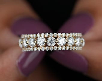 Moissanite Wedding Band 14K Gold Triple Row Half Eternity Ring Round Cut Moissanite Wedding Band Anniversary Gift Matching Band Vintage Band