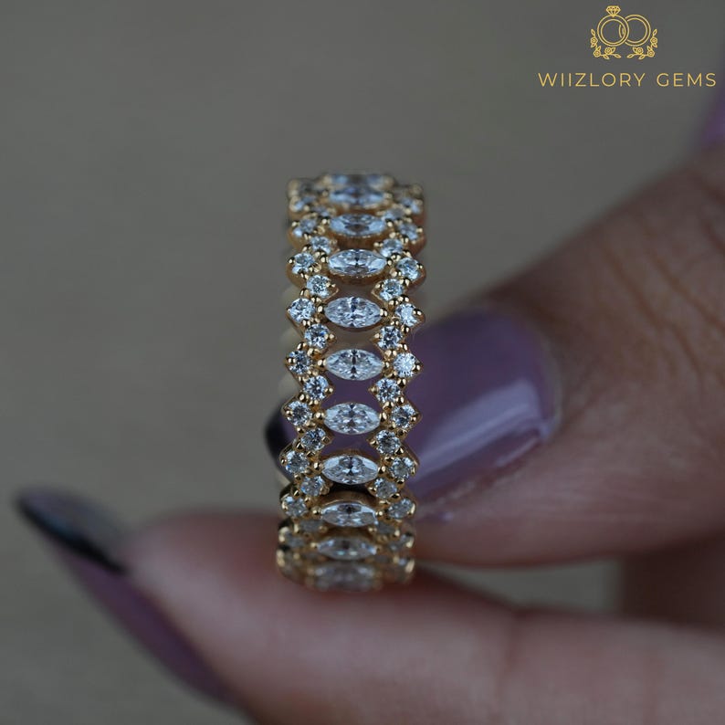 Buy 14K Solid Gold Stacking Ring, Full Eternity Marquise Moissanite ...
