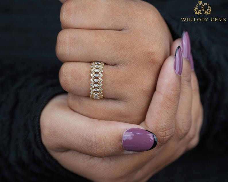 Buy 14K Solid Gold Stacking Ring, Full Eternity Marquise Moissanite ...