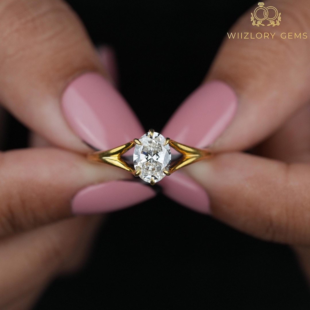 Buy Solid Gold Split Shank Oval Cut Moissanite Engagement Ring ...