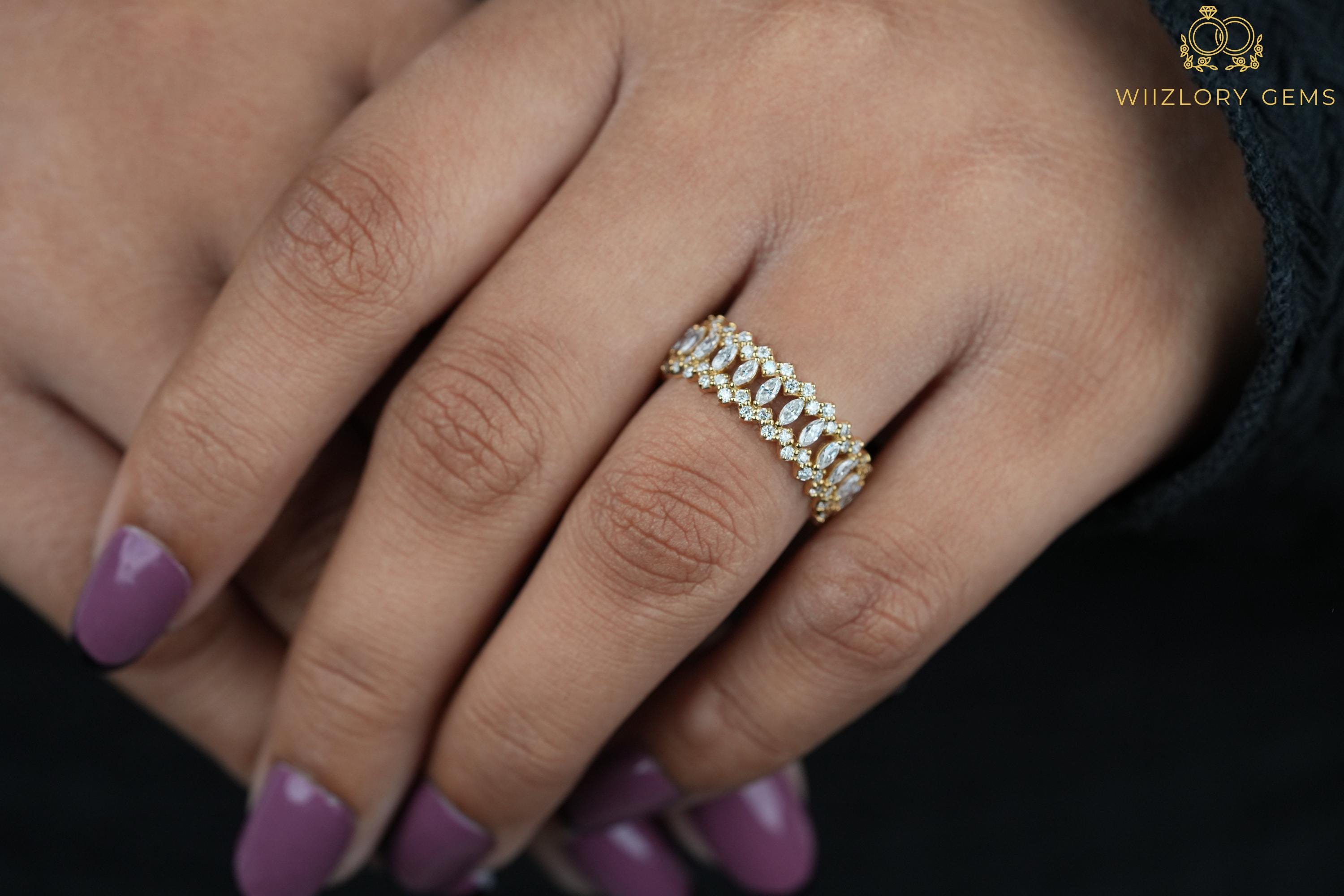 Buy 14K Solid Gold Stacking Ring, Full Eternity Marquise Moissanite ...