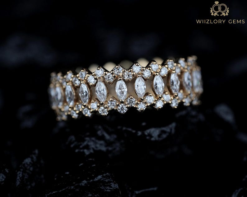 Buy 14K Solid Gold Stacking Ring, Full Eternity Marquise Moissanite ...