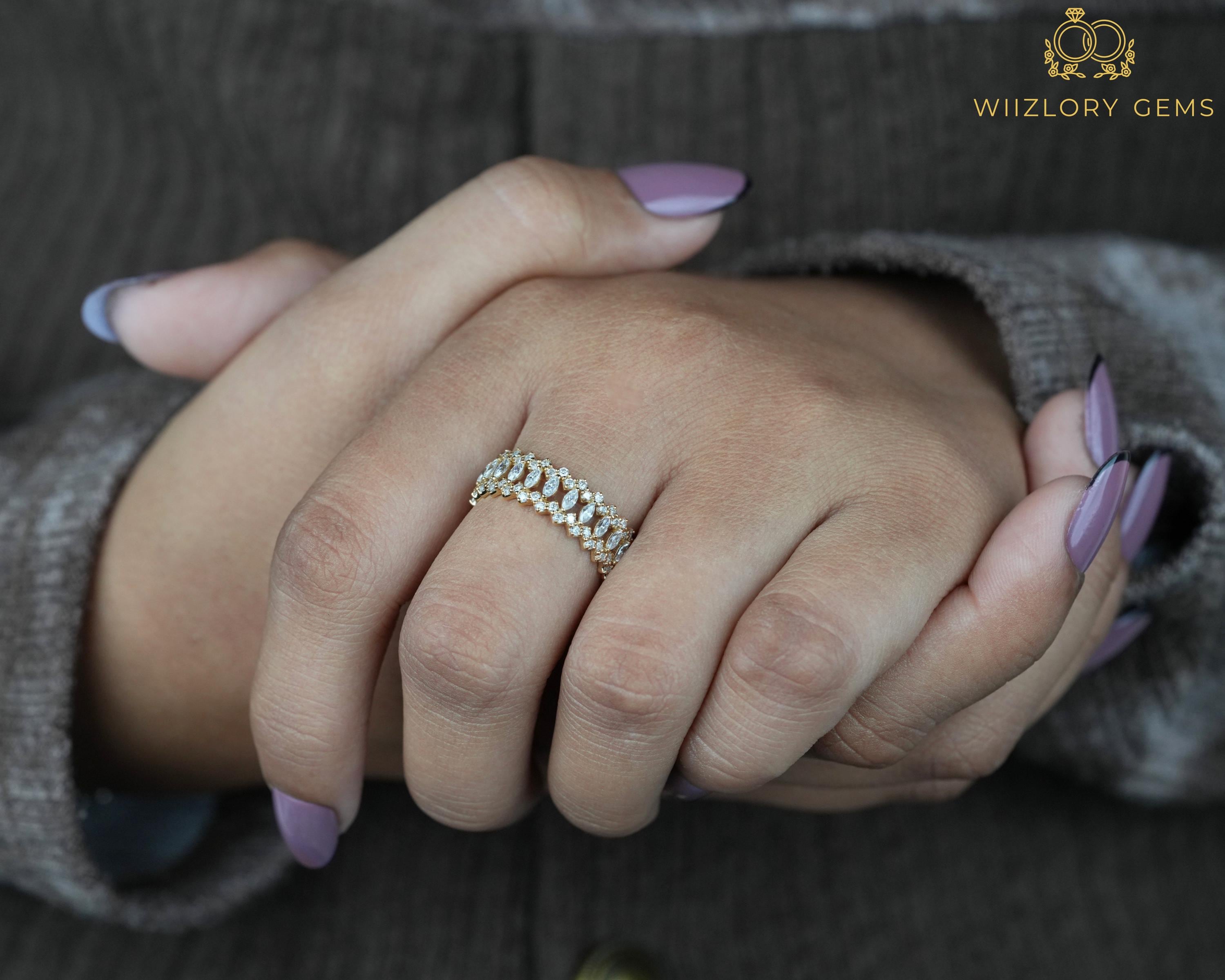 Buy 14K Solid Gold Stacking Ring, Full Eternity Marquise Moissanite ...