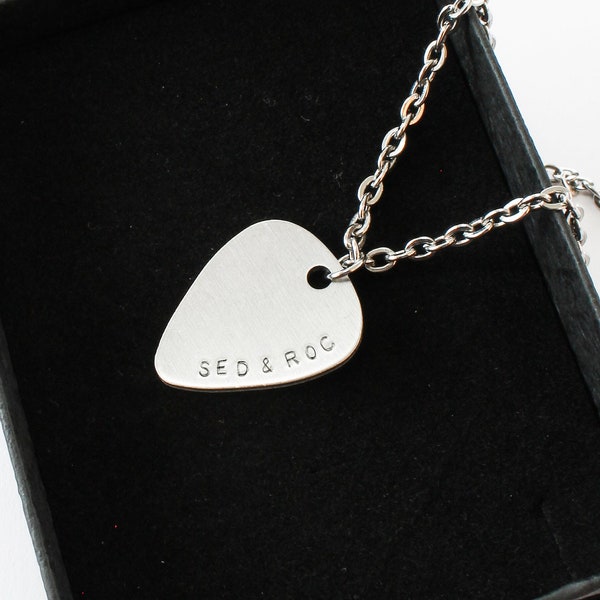 Custom Personalised Guitar Pick Necklace, Any Message, Any Text, Hand Stamped, Gift for Him or Her, Curved Text