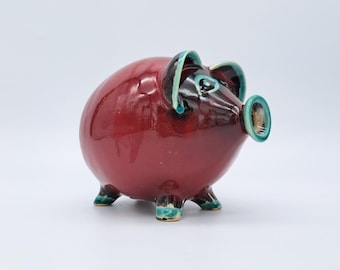 Vintage Ceramic Piggy Bank Allgäuer Keramik Mid-Century Moneybox 1960-1970 Piggy Bank MCM Red Blue