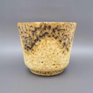 May include: A brown and yellow ceramic planter with a textured surface.