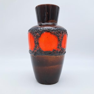 Vintage West German Fat Lava Vase 208-21 Mid Century Pottery 1970s WGP Drip Glaze MCM Red Brown Retro