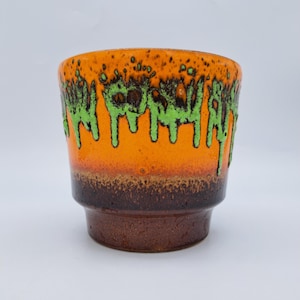 Mid-Century Fat Lava Flowerpot Orange Green Brown Earthenware 1970s H14.5 Ø16 CM Retro Cachepot