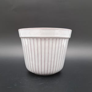 Puede incluir: Un recipiente de cerámica blanca con detalles acanalados verticales. El borde tiene un sutil tono marrón rojizo. El recipiente es cilíndrico y se asienta sobre una superficie oscura. El diseño es simple y elegante.