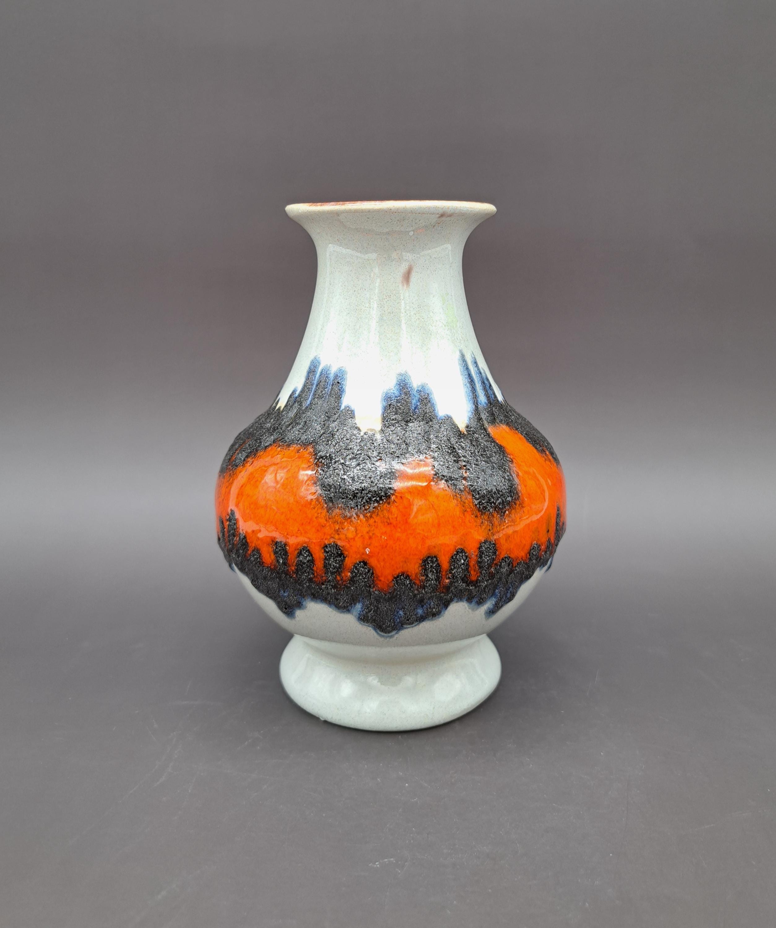 Vintage West German Fat Lava Vase BAY 66-14 MCM Design Orange Pottery 1970s Black Drip Glaze