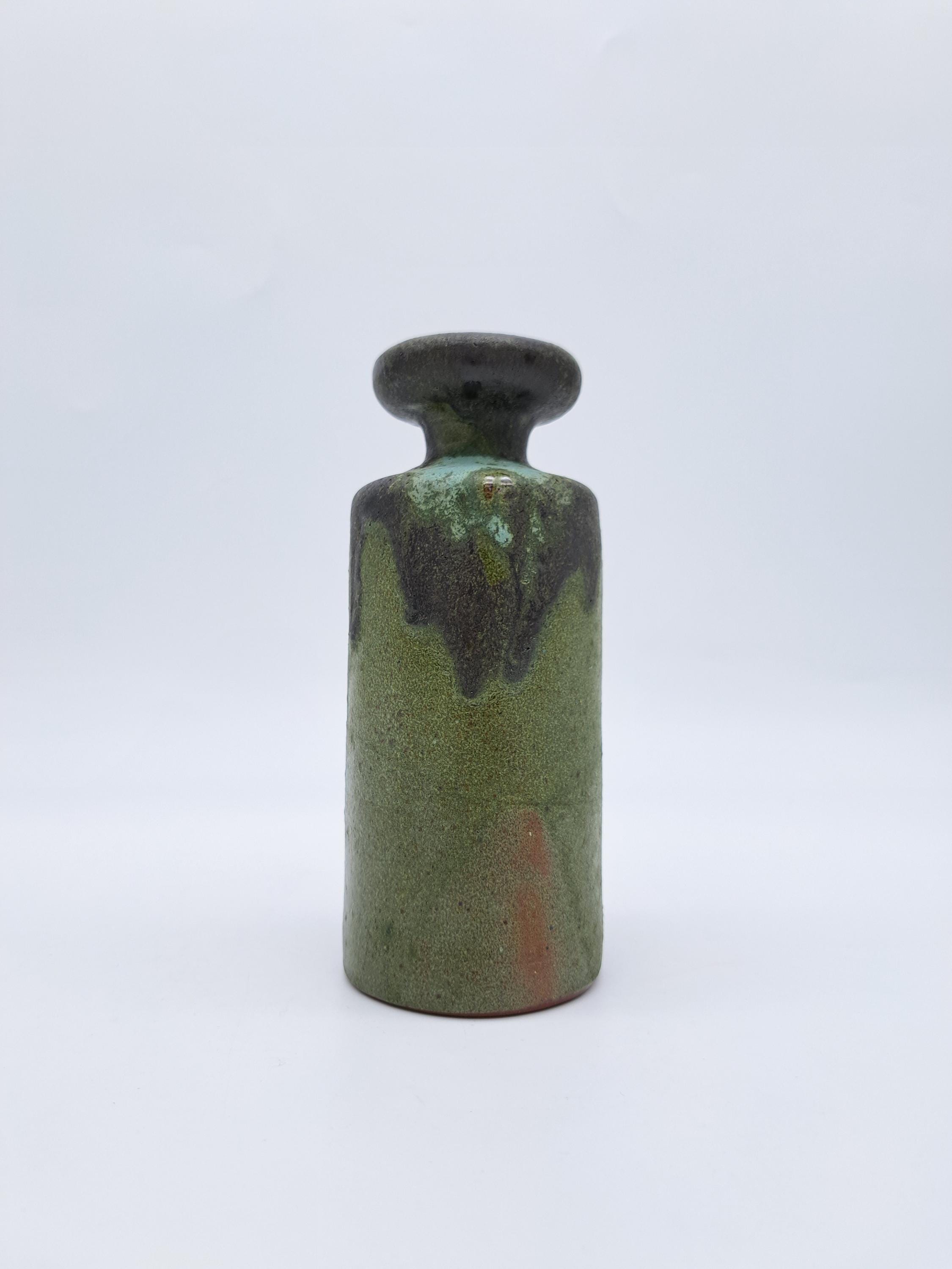 Vintage Fat Lava Vase Mid-Century Pottery 1960-1970 MCM Green Drip Glaze