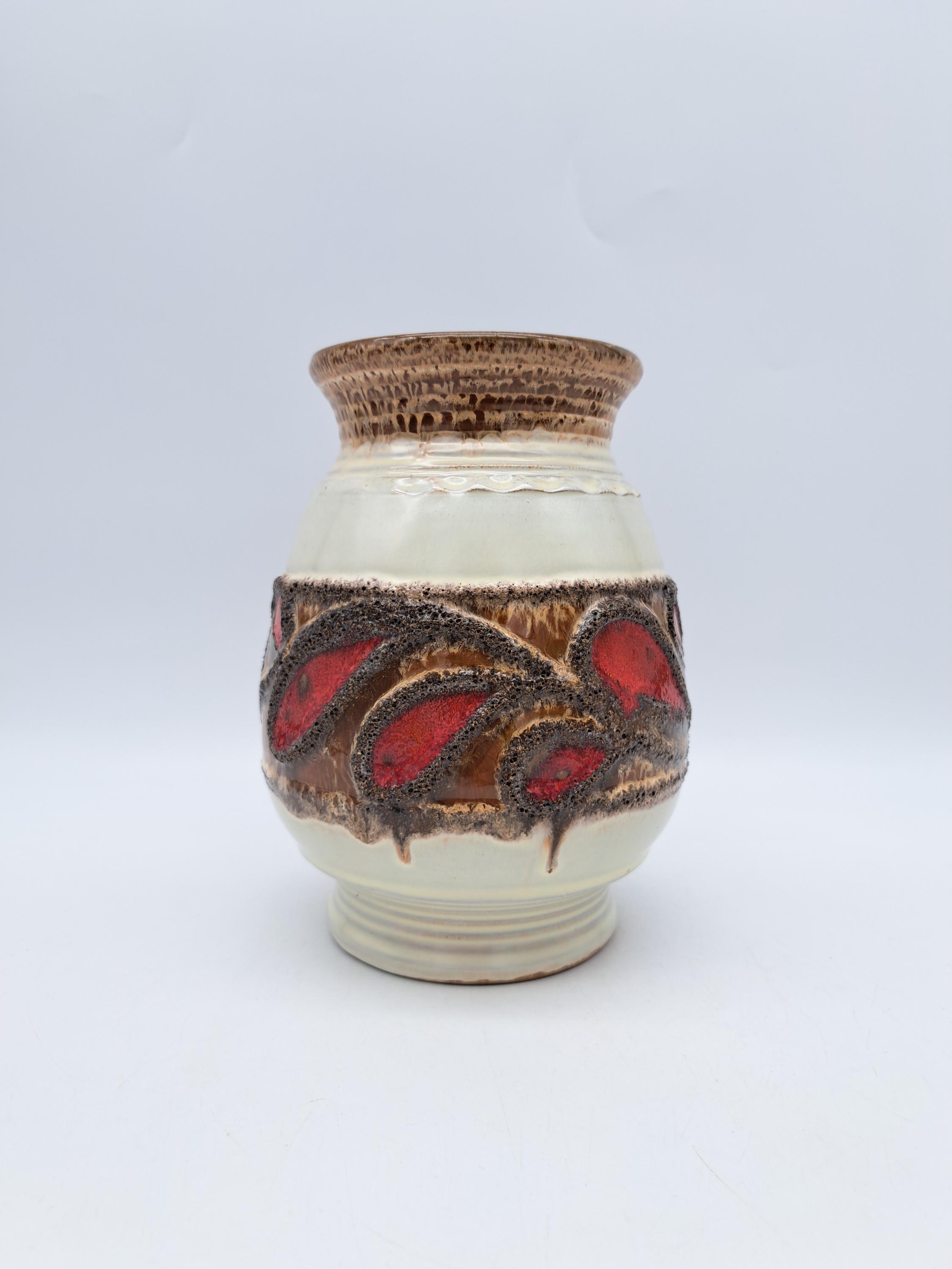 ヴィンテージ東ドイツ溶岩花瓶 Strehla GDR 1427 レッドベージュ