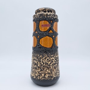 Vaso vintage Fat Lava Scheurich 206-26 Terracotta tedesca di metà secolo Anni '70 Smalto a goccia Design MCM WGP Marrone Nero