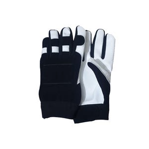May include: A pair of black and white work gloves with a velcro strap on the back of the hand.