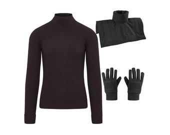 May include: A black turtleneck sweater, a black neck warmer, and a pair of black gloves.