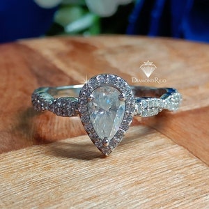 1 CT Elegant Infinity Style Pear Halo Engagement Ring, Pear Moissanite Halo Ring, Swirl Shank Ring for Women, Bridal Wedding Ring for Her