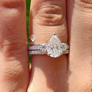 Pear Cut 2.16 CT Moissanite Bridal Ring Set, Three Stone Wedding Ring Set Stunning Trilogy Style Engagement Ring With Matching Eternity Band