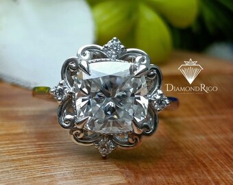 Anillo de compromiso Moissanite de cojín de inspiración vintage Anillo de diamantes de cojín victoriano de oro blanco de 14 k Anillo antiguo Anillo de filigrana Anillo de promesa