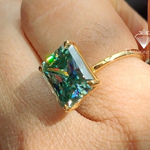 5 CT Greenish Blue Radiant Moissanite Engagement Ring, Colored Moissanite Solitaire Wedding Ring, Solid Gold Promise Ring, Gifts for Women