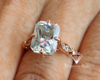 4TCW Harlow Moissanite Engagement Ring, Light Blue Radiant Cut Solitaire Ring, Woman Vintage Wedding Ring, Anniversary/Birthday Gift for Her