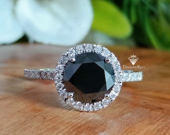 9 MM Accented Black Moissanite Ring, Halo Engagement Ring, Bridal Wedding Ring, Rose Gold Proposal Ring, Black Diamond Halo Ring for Women
