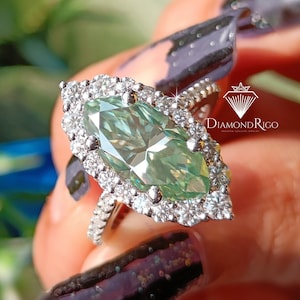 14x7 MM Light Green Marquise Moissanite Engagement Ring, Filigree Set Cluster Halo Wedding Ring, Solid Gold Women Ring, Promise Gifts