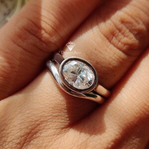 Oval Moissanite Engagement Ring Set, East West Fit Moissanite Wedding Ring Set, Bezel Set Solid White Gold Ring, Bridal Rings for Women Gift