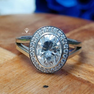 Unique 2 CT Bezel Set Oval Engagement Ring, Moissanite Halo Wedding Ring for Women, Cathedral Set Oval Moissanite Ring, Gifts for Her