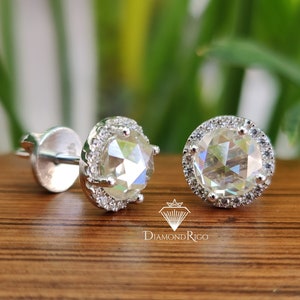 3TCW Round Rose Cut Moissanite Earring, Stud Push Back Halo Wedding Earring for Woman, Birthday/Valentine Gifts for Her | Engagement Earring