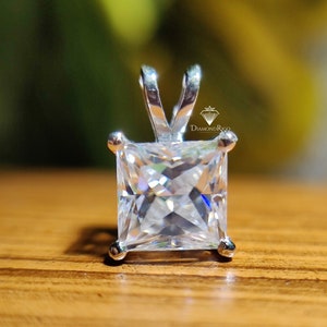 Platinum Pendant, Princess Moissanite Solitaire Pendant, Silver Solitaire Diamond Pendant, Wedding Bridal Promise  Pendant, Anniversary Gift