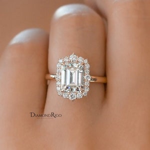 Antique Emerald Moissanite Halo Engagement Ring, Vintage Style Emerald Bridal Wedding Ring, Filigree Halo Anniversary Ring, Bridesmaid Gifts