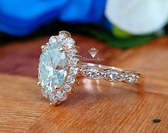 8x6mm Light Blue Oval Moissanite Halo Engagement Ring, Filigree Style Colored Oval Wedding Ring, Scalloped Bridal Ring Gift for Her