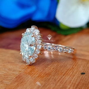 8x6mm Light Blue Oval Moissanite Halo Engagement Ring, Filigree Style Colored Oval Wedding Ring, Scalloped Bridal Ring Gift for Her