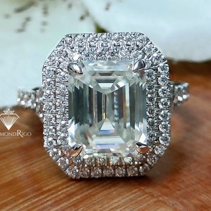 Dual Halo 5.28 TCW Emerald Cut Moissanite Ring, Celebrity Style Bridal Wedding Ring for Women, Halo Engagement Ring, Anniversary Ring