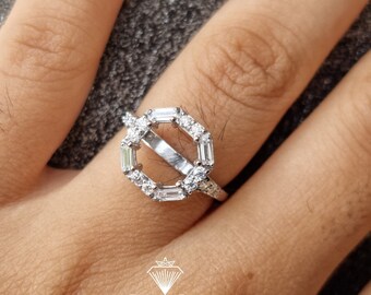 Semi Mount Dream Ring / Personalized Engagement Ring For Her / Pave Shank Mount Ring / Octagon Shape Halo Ring / Custom Ring / Solid Gold