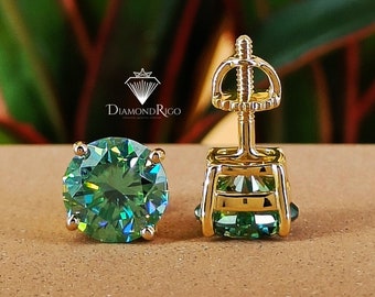 Colored Moissanite Stud Earring, Solitaire White Gold Earring, Green Diamond Screw / Push Back Earring, Engagement Gift for Her, 10K/14K/18K