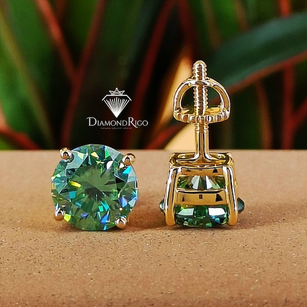 Colored Moissanite Stud Earring, Solitaire White Gold Earring, Green Diamond Screw / Push Back Earring, Engagement Gift for Her, 10K/14K/18K