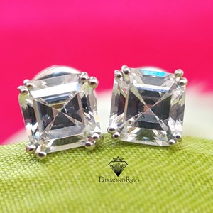 Platino 4CT Excelente pendiente de moissanita con corte Asscher, Pendiente de solitario con empuje hacia atrás, Pendiente de compromiso, Regalos de aniversario, Conjunto de promesa