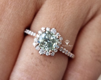 6 MM Light Green Moissanite Engagement Ring, Cushion Moissanite Halo Wedding Ring, Elegant Anniversary Ring for Women, Gift for Her