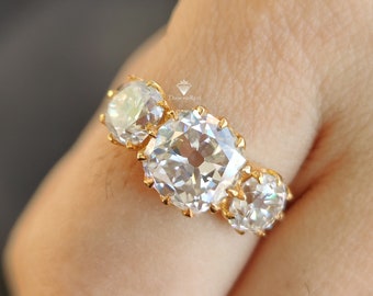 5TCW Old Mine Cut Moissanite Engagement Ring, Three Stone Solitaire Bridal Wedding Ring, Antique Crown Set Ring, Unique Gifts Ring for Women